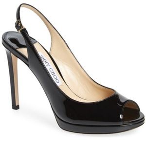 Jimmy Choo Nova Black Patent Peep Toe Platform Slingback 100mm Pumps 38 1/2